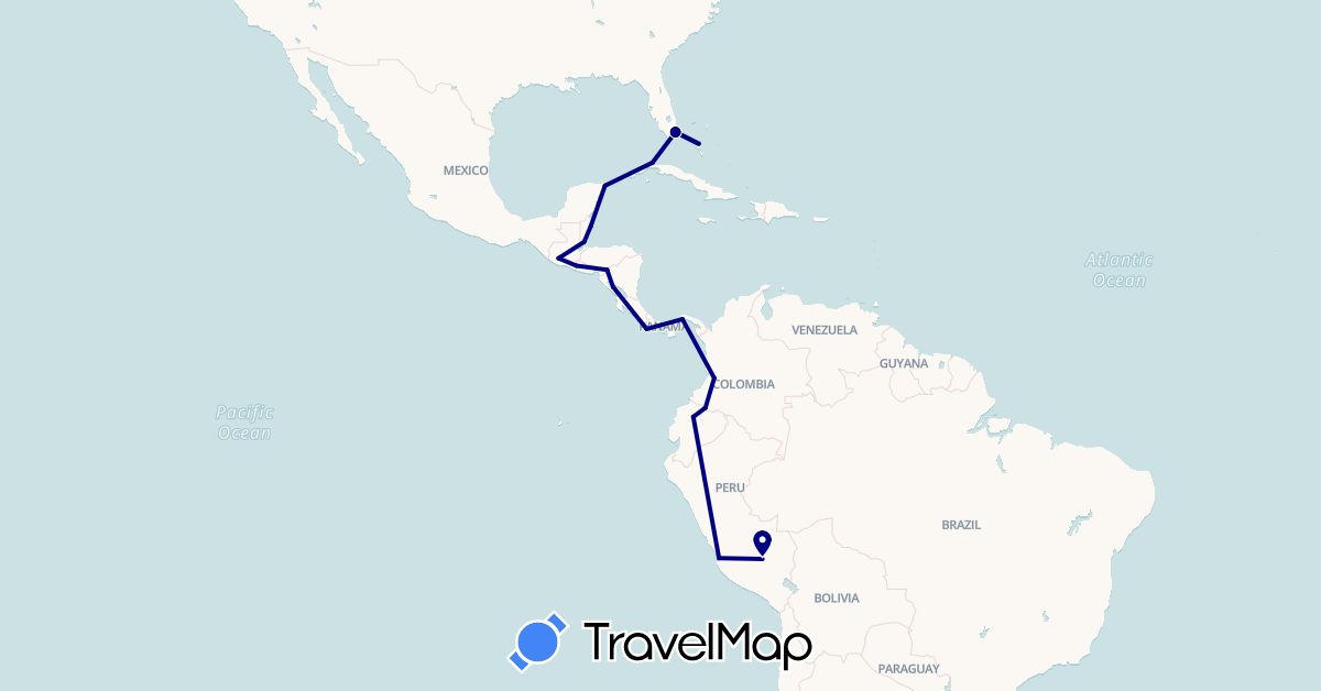 TravelMap itinerary: driving in Bahamas, Belize, Colombia, Costa Rica, Cuba, Ecuador, Guatemala, Mexico, Nicaragua, Panama, Peru, El Salvador, United States (North America, South America)